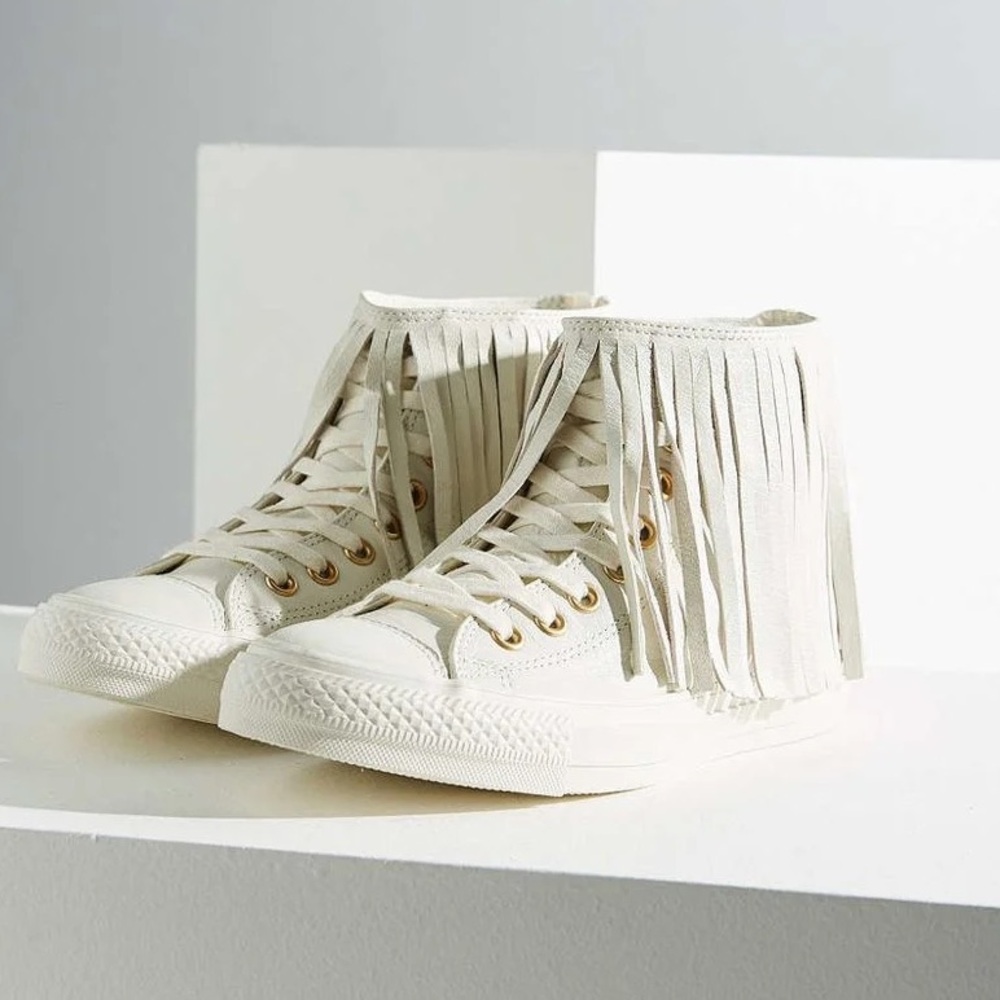 Converse Chuck Taylor All Star Egret Fringe High Top Sneaker in white leather 6